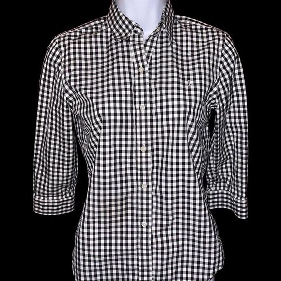 Lauren Ralph Lauren Petite￼ Black/White Check Button Up Shirt Size Small - Picture 2 of 5